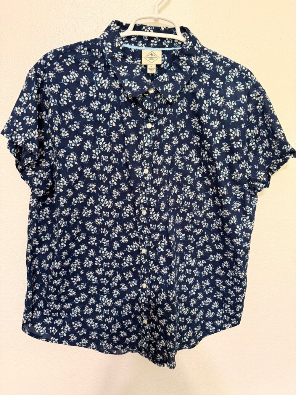 St John's Bay Button Front Shirt Blue with White Floral S/S Womans XL
